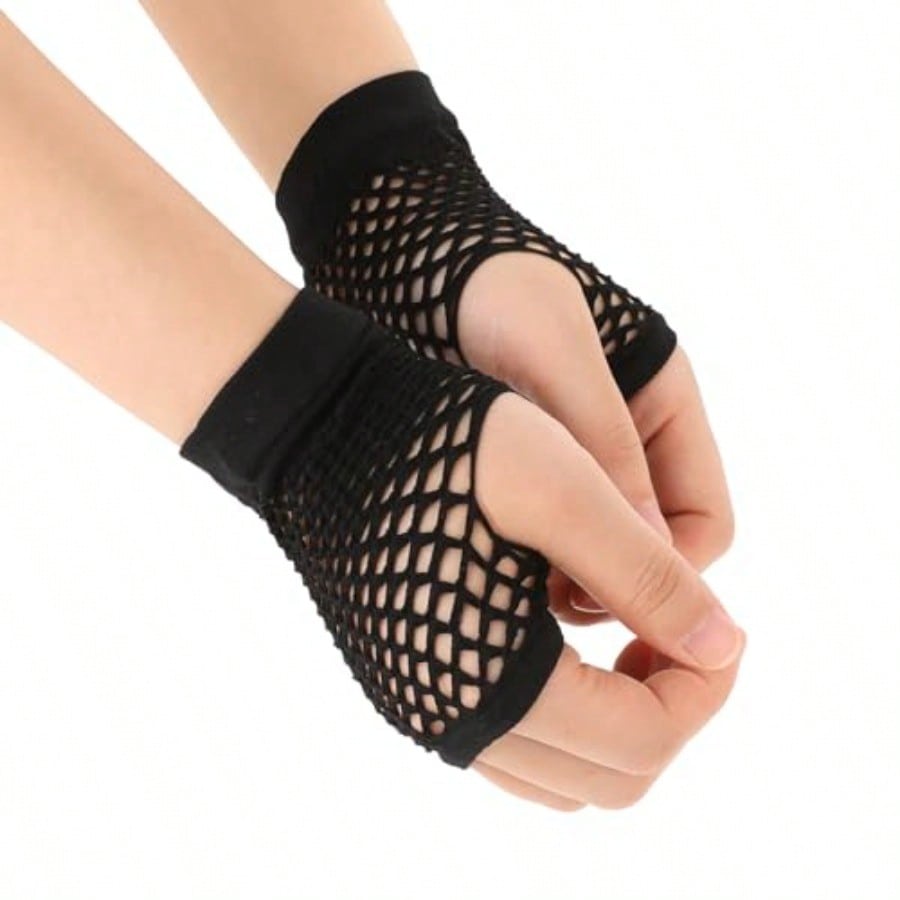 Fingerless Glove Knit - Black Nylon Fingerless Fishnet Gloves -