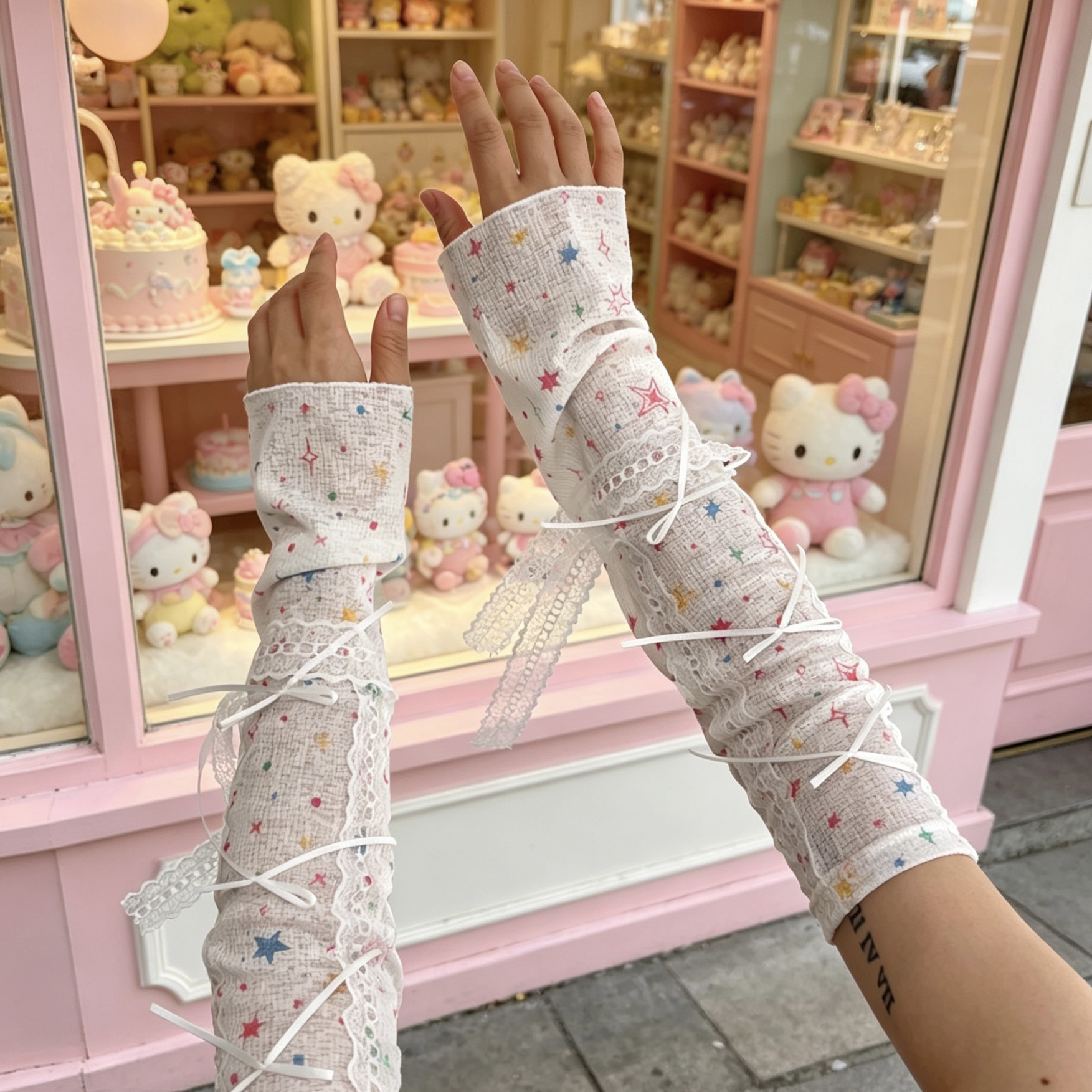 Kawaii Star Print Lace Arm Sle - Fingerless Glove Knit 리뷰 및 가격