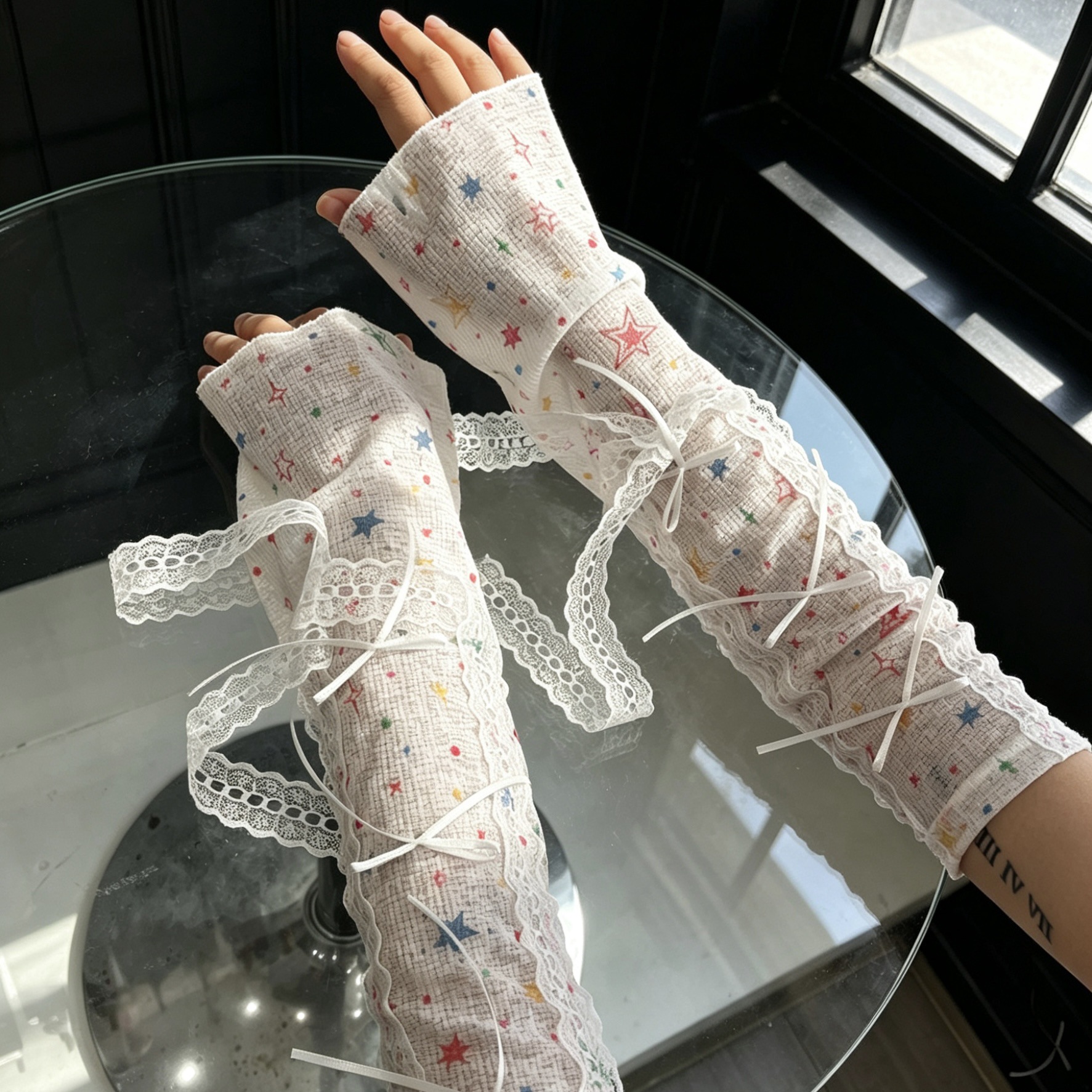 Kawaii Star Print Lace Arm Sle - Fingerless Glove Knit 리뷰 및 가격
